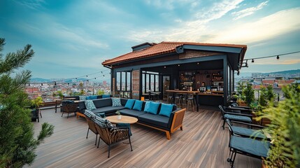 A stylish rooftop lounge with seating and a bar, perfect for relaxation and socializing.