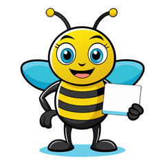 Fototapeta premium Cartoon bee character, anthropomorphic, smiling, big holding blank sign, yellow and black stripes
