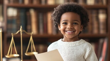 Cute dark skinned child smiling and holding court paper on table scales