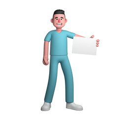 Professional Male in Nursing. A male nurse is standing holding a white hard in his left hand. 3D Nurse Cartoon