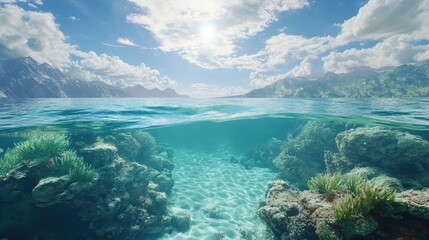 Fototapeta premium Split underwater scene showcasing a bright sky above and a tranquil sea below