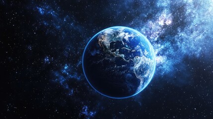 Fototapeta premium Blue planet Earth featuring oceans and continents set against a backdrop of a starry sky in the vastness of space
