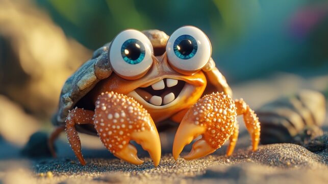 A cute, cartoonish crab with big eyes and a cheerful expression on a sandy beach.