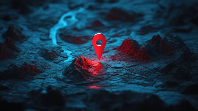 A vibrant red GPS marker acts as a digital guide navigating users through extensive map landscapes Its bright hue ignites curiosity encouraging exploration and the promise of new adventures