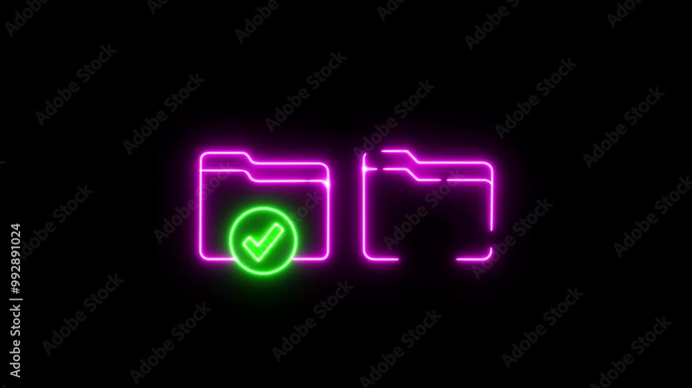 Poster glowing neon line document folder and check mark icon isolated on black background.