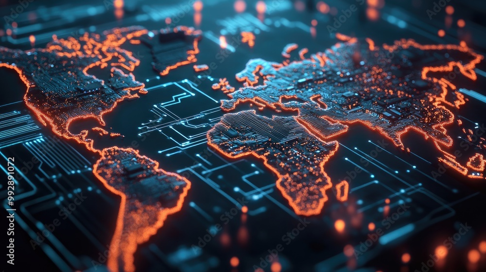 Poster global technology concept powered by ai featuring a world map with an integrated circuit design as t