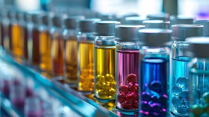 A vibrant array of chemical compounds in glass vials highlights the intricate beauty of alkaloids in a contemporary lab environment.