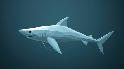Obraz premium A 3D polygonal model of a shark swimming in a dark underwater environment.