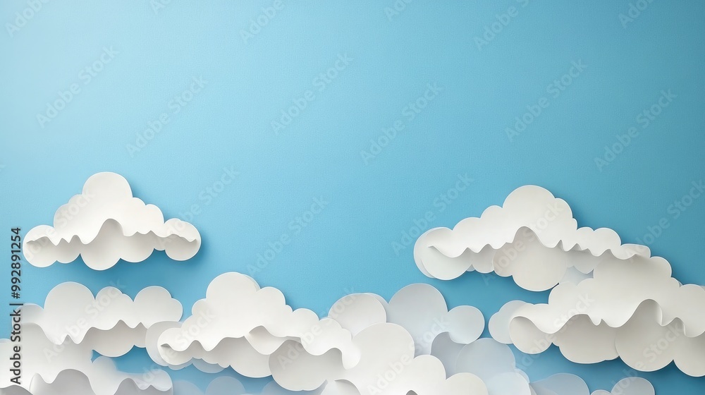 Poster white paper artwork resembling clouds set against a blue sky backdrop with ample empty space for tex