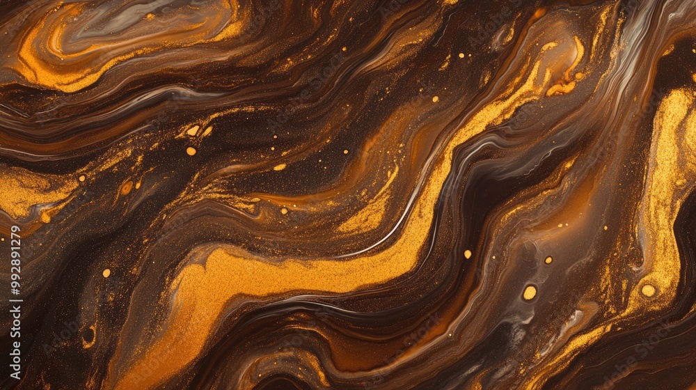 Poster golden curls on brown waves create an abstract marbling effect showcasing an art deco inspired textu