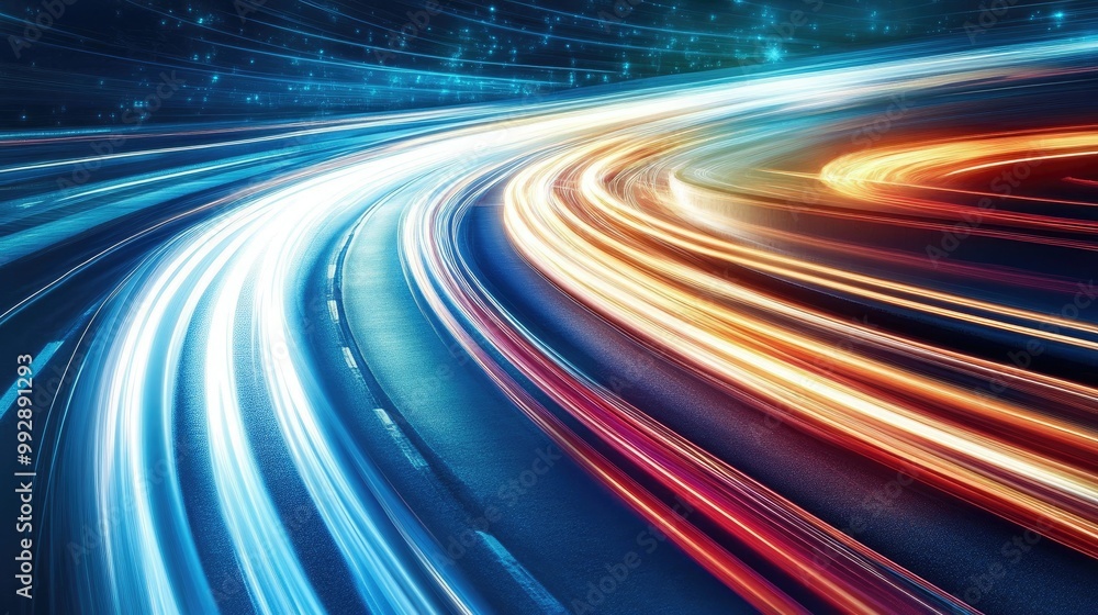 Poster abstract light background featuring a road illuminated by night traffic and dynamic motion lights ca