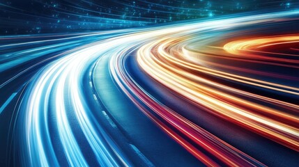Abstract light background featuring a road illuminated by night traffic and dynamic motion lights captured through long exposure techniques