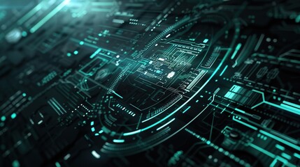 A high-tech user interface with blue and cyan LED lights, featuring digital control panels and futuristic design elements.