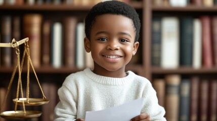 Cute dark skinned child smiling and holding court paper on table scales