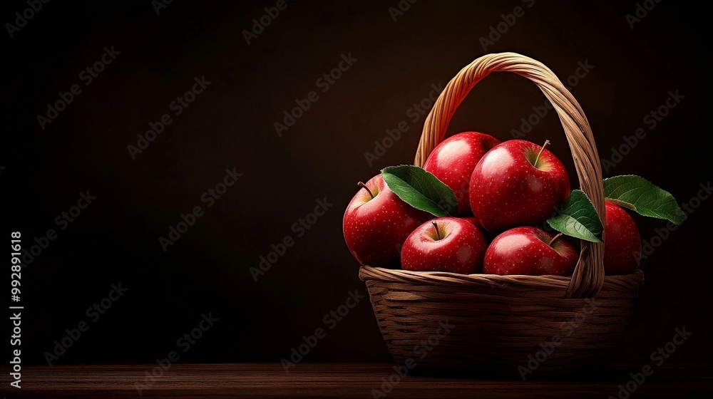 Poster a basket of red apples: a still life composition of red apples in a wicker basket, set against a dar