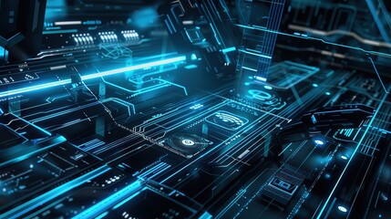 Obraz premium A high-tech user interface with blue and cyan LED lights, featuring digital control panels and futuristic design elements.