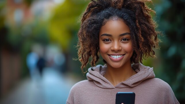 A smiling African American woman uses a smartphone while exercising, illustrating the connection between fitness and technology.