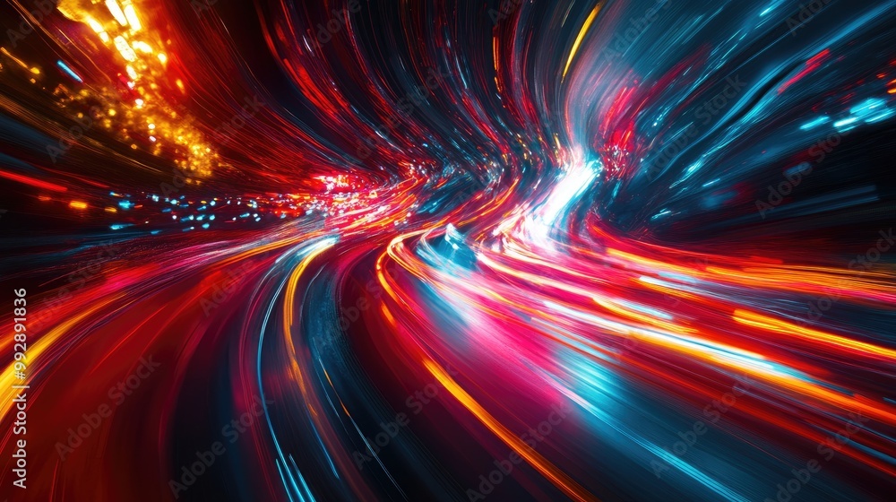 Poster Abstract light background featuring a road illuminated by night traffic and dynamic motion lights captured through long exposure techniques