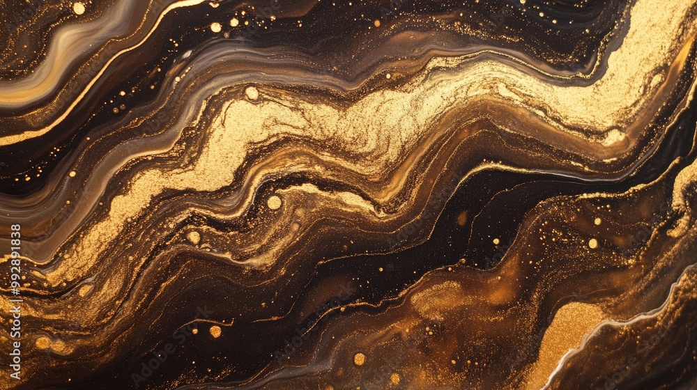 Poster golden curls on brown waves create an abstract marbling effect showcasing an art deco inspired textu
