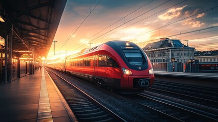 Naklejka premium A vibrant red intercity passenger train stands on the platform of a train station in Vienna, Austria, bathed in the warm glow of sunset. The modern train, with its sleek design