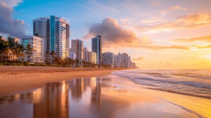 Coastal Florida cityscape with buildings along sandy beach at sunset