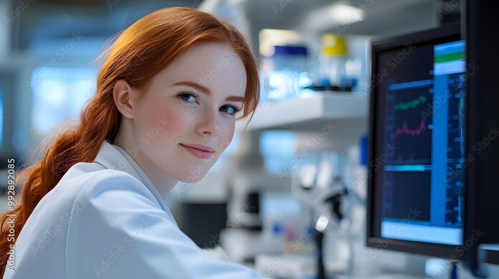 Poster red-haired female scientist looking away from computer monitor in a lab