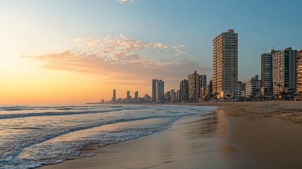 Coastal Florida cityscape with buildings along sandy beach at sunset