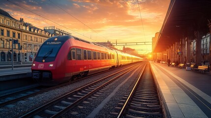 Fototapeta premium A vibrant red intercity passenger train stands on the platform of a train station in Vienna, Austria, bathed in the warm glow of sunset. The modern train, with its sleek design