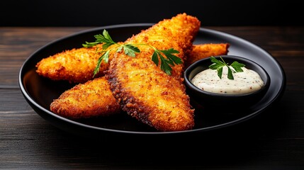 Crispy Fried Fish with Creamy Sauce: A tantalizing plate of golden-brown, crispy fried fish fillets, arranged on a black plate with a side of creamy sauce and parsley garnish.