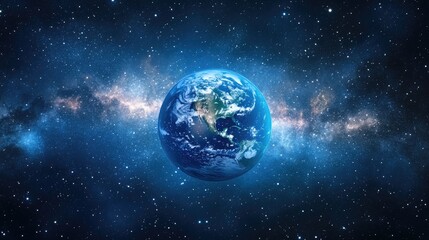 Blue planet Earth featuring oceans and continents set against a backdrop of a starry sky in the vastness of space