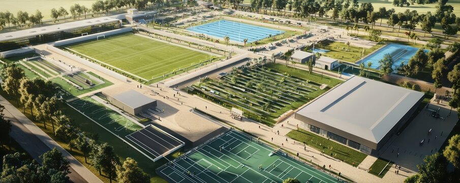 Detailed image of a new sports complex under construction, showcasing facilities for multiple sports including football, swimming, and athletics