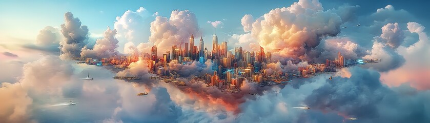Obraz premium A city floating on a cloud made of shifting, swirling colors, symbolizing creative and otherworldly urban design
