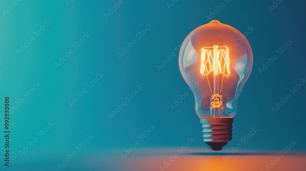 Poster innovative light bulb loading process with one illuminated bulb against a blue backdrop symbolizing 