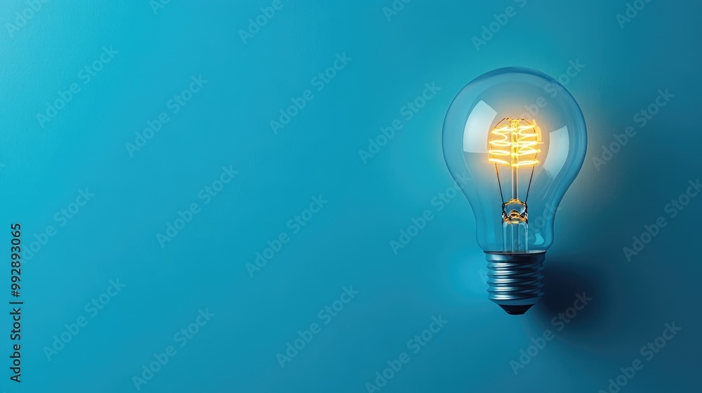 Poster innovative light bulb loading process with one illuminated bulb against a blue backdrop symbolizing 