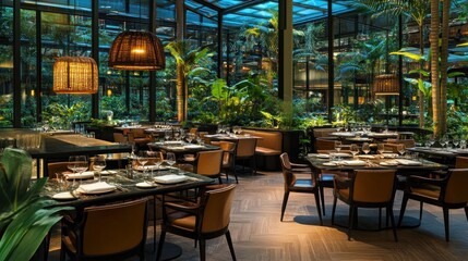 Fototapeta premium Elegant restaurant interior with lush greenery and ambient lighting for dining experiences.
