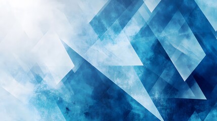 modern abstract blue background design with layers of textured white transparent material in triangle diamond and squares shapes in random geometric pattern.