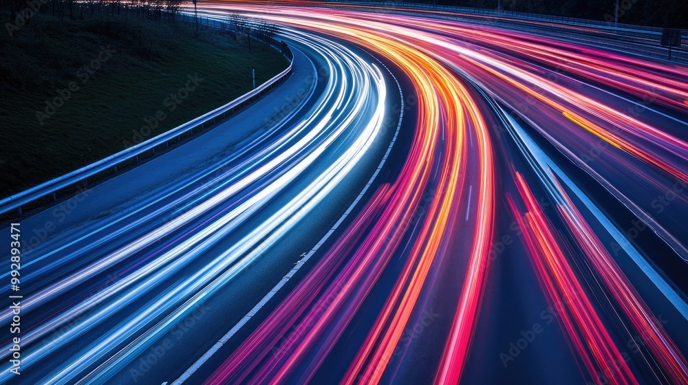Poster speeding light trails of traffic on a busy highway