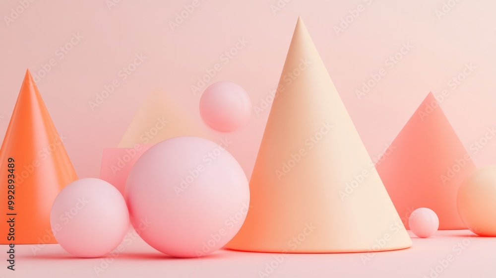 Poster 3d render of an abstract background featuring a cone and ball with primitive geometric shapes in a p