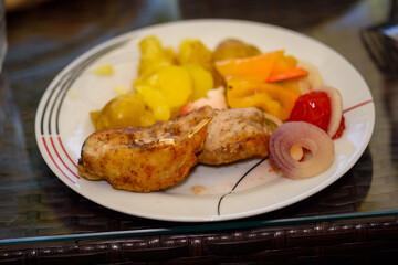 Nutritious breakfast of boiled potatoes with meat