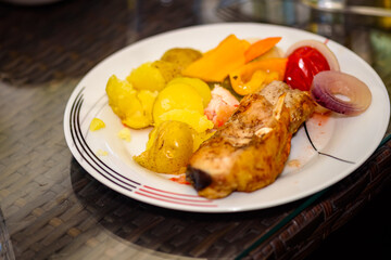 Nutritious breakfast of boiled potatoes with meat