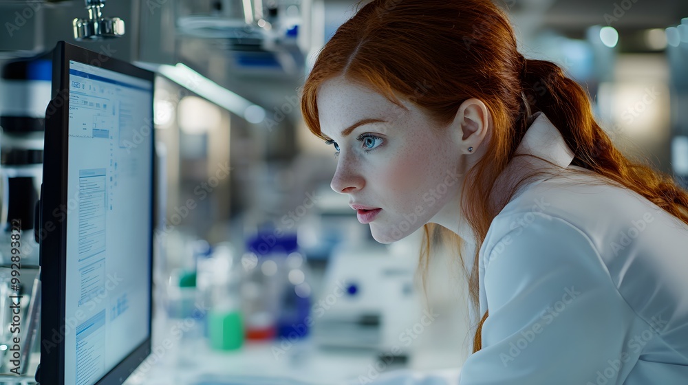 Poster a female scientist concentrating on computer data in a laboratory