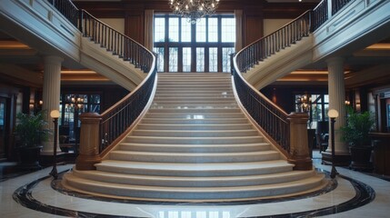 Obraz premium Elegant grand staircase in a luxurious interior with natural light and decorative elements.