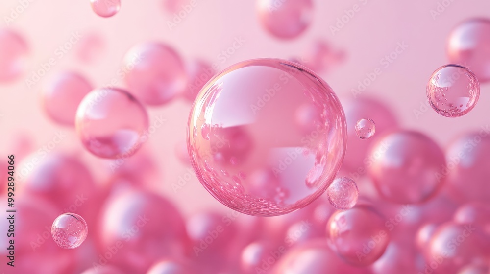 Poster 3d visualization of pink bubbles of different sizes