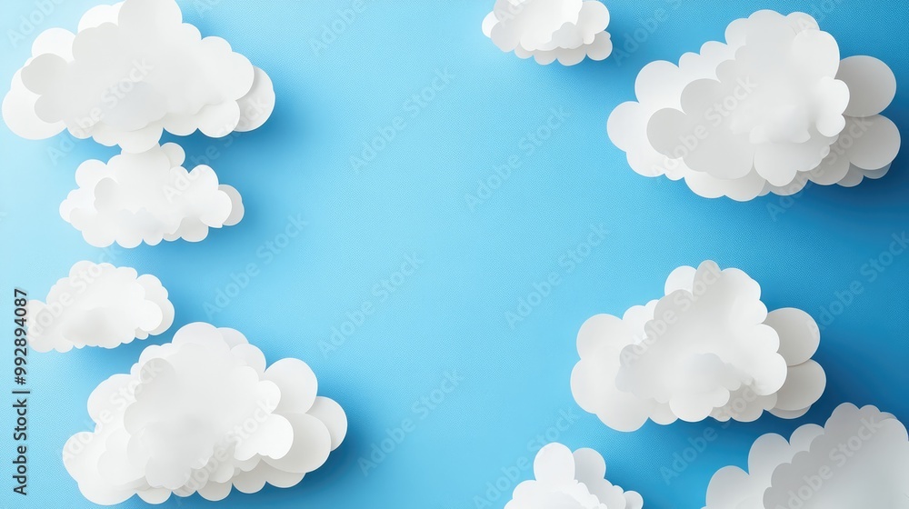 Poster white paper artwork resembling clouds set against a blue sky backdrop with ample empty space for tex