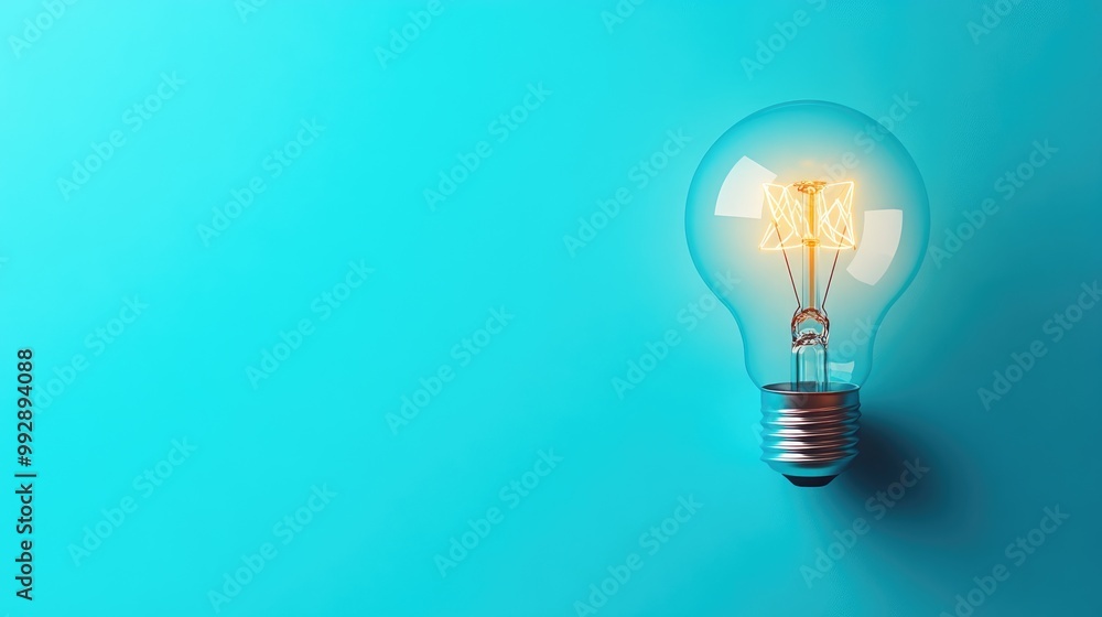 Poster innovative light bulb loading process with one illuminated bulb against a blue backdrop symbolizing 