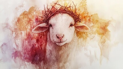 Obraz premium Easter Lamb Symbolizing Sacrifice and Redemption Featuring a Crown of Thorns in Watercolor Style Religious Themes in Art