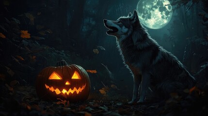 A wolf howls beside a glowing pumpkin, set against a dark forest backdrop with a full moon, creating a spooky Halloween vibe. No people, no logos.