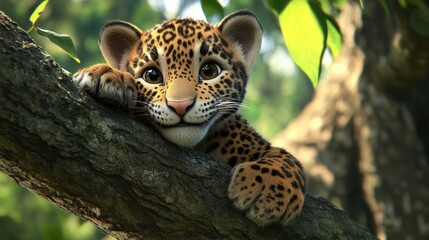A cute animated leopard cub resting on a tree branch in a vibrant jungle setting.