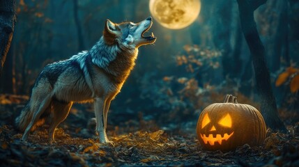 Fototapeta premium A wolf howls beside a glowing pumpkin, set against a dark forest backdrop with a full moon, creating a spooky Halloween vibe. No people, no logos.