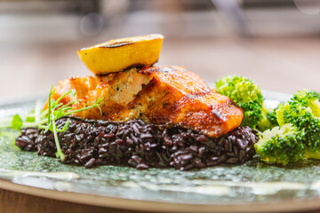 portion of salmon with garnish. sea ​​food. shrimp with vegetables. 